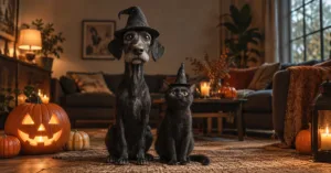 Praia Veterinaria - Halloween con mascotas - Gato con disfraz de Halloween en casa.